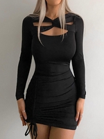 Robe Moulante Sanglée Découpée Tordue à Manches Longues L Noir