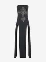 Robe Moulante sans Bretelle Motif de Croix avec Strass S Noir