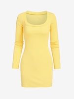Robe Moulante Simple Côtelée à Manches Longues S Jaune