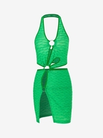 Robe Moulante Texturée Fendue à Col Halter M Vert