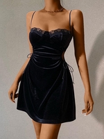 Robe Ouverte en Couleur Unie en Velours S Noir