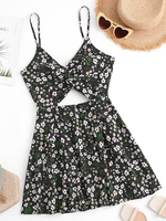 Robe Patineuse à Imprimé Fleur Tordue Au Dos Découpée avec Nœud Papillon M Noir