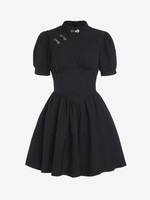 Robe Patineuse avec Boutons et Manches Bouffantes Motif de Papillon Brodé S Noir