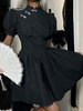 Robe Patineuse avec Boutons et Manches Bouffantes Motif de Papillon L Noir