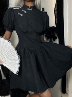 Robe Patineuse avec Boutons et Manches Bouffantes Motif de Papillon L Noir