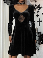 Robe Patineuse en Dentelle Insérée en Velours L Noir