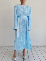 Robe Plissée à Epaules Ceinturées L Bleu