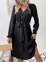 Robe Plissée Ceinturée avec Bouton en Avant à Manches Longues M Noir