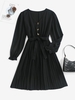 Robe Plissée Ceinturée avec Bouton en Avant à Manches Longues S Noir