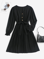 Robe Plissée Ceinturée avec Bouton en Avant à Manches Longues S Noir