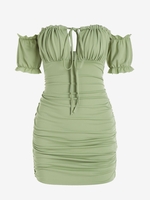 Robe Plissée en Couleur Unie à Epaule Dénudée L Vert