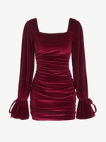 Robe Plissée en Velours à Col Carré L Rouge foncé