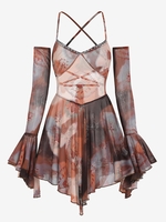 Robe Rétro Transparente Imprimée Au Dos Ouvert à Manches Evasées M
