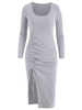 Robe Sanglée Côtelée Fendue en Avant à Manches Longues Taille unique Gris clair
