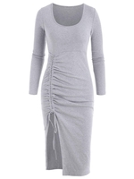 Robe Sanglée Côtelée Fendue en Avant à Manches Longues Taille unique Gris clair