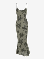 Robe Sirène Longue Superposée Florale en Maille S Café