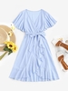 Robe Superposée Ceinturée Manches Bouffantes à Volants L Bleu clair