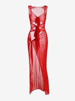 Robe Transparente à Fente Haute en Couleur Unie sans Manches S Rouge