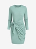 Robe Tricotée Côtelée à Taille Nouée à Manches Longues M Vert clair