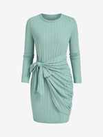 Robe Tricotée Côtelée à Taille Nouée à Manches Longues M Vert clair