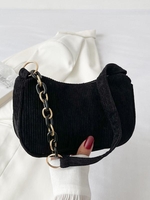 Sac à Bandoulière Demi-Zippé en Velours Côtelé avec Chaîne