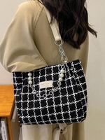 Sac Fourre-tout à Carreaux Décoré de Fausse Perle avec Chaîne à Demi-Zip