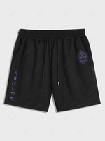 Short à Imprimé Caractère Japonais et Soleil avec Poche à Cordon S Noir