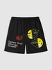 Short à Imprimé Lettre Graphique et Visage en Sourire Amusant Streetwear M Noir
