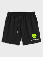 Short à Imprimé Visage Souriant à Cordon de Serrage L Noir