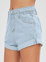 Short à Taille Haut à Revers en Denim L Bleu clair
