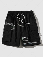 Short Cargo à Imprimé Lettre avec Poche à Cordon de Serrage Streetwear L Noir