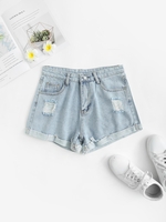 Short Déchiré Délavé à Revers en Denim M Bleu
