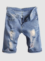 Short Déchiré Motif de Peinture Eclaboussée en Denim 32 Bleu clair