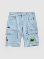 Short Déchiré Tigre Brodé avec Multi-Poches Design en Denim Xxl Bleu clair