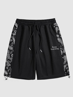 Short Décontracté Texturé à Imprimé Lettre Graphique Cachemire avec Poches Xl Noir