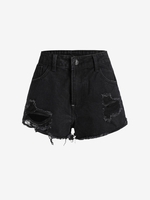 Short Denim Déchiré à Taille Haute S Noir