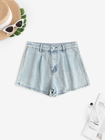 Short Délavé à Taille Haute en Denim L Bleu