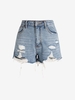 Short Délavé Déchiré à Taille Haute en Denim L Bleu