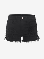 Short en Jean Déchiré à Taille Basse à Lacets M Noir