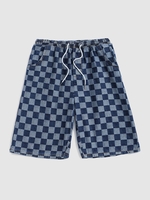 Short Motif de Carreaux à Cordon en Denim L Bleu profond