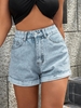 Short Taille Haute à Ourlet Roulé en Denim L Bleu