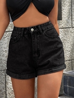 Short Taille Haute à Ourlet Roulé en Denim M Noir