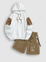 Sweat à Capuche Pull-over avec Poche Kangourou à Lettre Brodée ALASKA et Short Cargo Taille unique Blanc