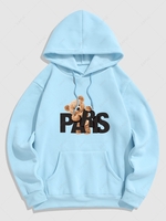 Sweat à Capuche Thermique Lettre PARIS Graphique Ours à Doublure en Laine Xl Bleu clair