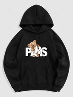 Sweat à Capuche Thermique Lettre PARIS Graphique Ours à Doublure en Laine Xxl Noir