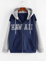 Sweat à Capuche Zippé Lettre Brodée en Blocs de Couleurs L Bleu profond