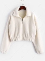 Sweat Hoodie Court Mouton Fausse Fourrure Col Demi Zippé Fermeture S Blanc