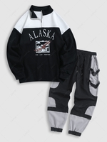 Sweat-shirt à 1 / 4 Zip Vintage en Blocs de Couleurs Style Streetwear et Pantalon Cargo Noir