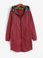 Sweat-shirt à Capuche Long Matelassé Zippé à Imprimé Fleurs L Rouge foncé