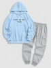 Sweat-Shirt à Capuche Pull-over Inscription Brodée et Pantalon avec Cordon de Serrage et Poches à Rabat Taille unique Bleu clair